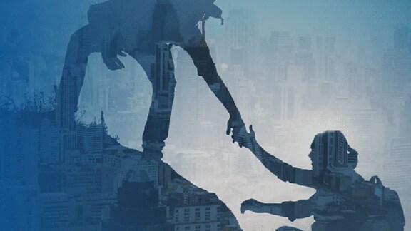A mountaineer helping another mountaineer to climb with an overlay of a cityscape