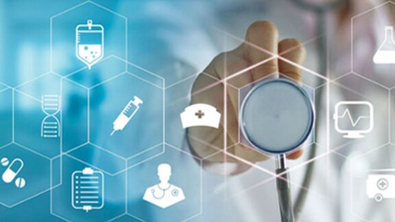 A doctor holding a stethoscope, surrounded by graphics related to the medical field